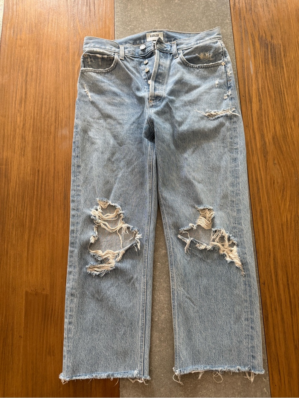 Agolde Light Wash Distressed High-Rise Straight Jeans